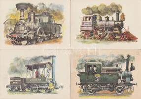 15 db modern, gőzmozdonyokat ábrázoló motívumlap, pinx. Kondor Lajos / 15 pieces modern locomotive motive cards, pinx. Lajos Kondor