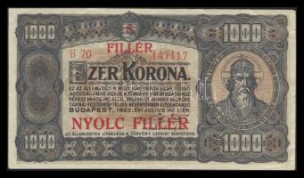 1923. 1000K "8 FILLÉR NYOLC FILLÉR" felülbélyegzéssel T:hajtatlan, saroktörés két helyen