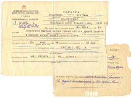 1944 A Szovjet Vörös Hadsereg igazolása frontszolgálati sebesülésről + hozzá a katonai archívum igazolása ugyanerről /  1944 Certificate for injury from the Red Army