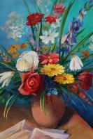 Lukács József: Virág csendélet. Olaj, farost, jelzett, 70×50 cm