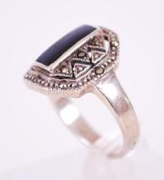 Art deco ezüst (Ag) gyűrű fekete zománc díszítéssel és markazitokkal /  Art deco silver ring decorated with enamel inlay and marcasites, s: 55, br: 5,3gr