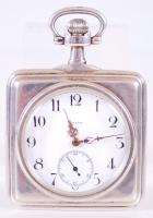 cca 1910 Szögletes ezüst Omega zsebóra hibátlan számlappal,  szép állapotban, hátoldalt dombormíves díszítéssel. Kiválóan jár. (Belső fedlap kissé laza) /  cca 1910 Rare silver Omega pocket watch in nice condition. Works well! 7x5 cm