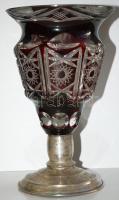 Ezüst talpas, kristály váza, csiszolt, metszett több rétegű rubinvörös, jelzett, apró csorbával, m:24 cm, d:15 cm/ Crystal vase with silver holder