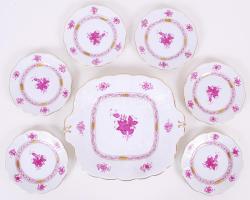 Herendi Apponyi mintás süteményes készlet: 6 db süteményes tányér, nagy tál, jelzettek, hibátlanok, d:15cm d:28 cm