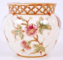 Kézzel festett Zsolnay áttört kis kaspó, jelzett, hibátlan / Hand painted Zsolnay vase m:10 cm, d:9 cm