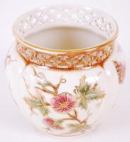 Kézzel festett Zsolnay áttört kis kaspó, jelzett, hibátlan / Hand painted Zsolnay vase m:10 cm, d:9 ...