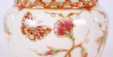 Kézzel festett Zsolnay áttört kis kaspó, jelzett, hibátlan / Hand painted Zsolnay vase m:10 cm, d:9 ...