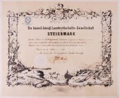 1855 A Stájerországi Mezőgazdasági Társaság: levelező tagsági oklevél Siebenfreud nagyszombati kerté...