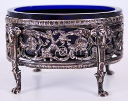 cca 1900 Növényi arabeszkkel és kosfejekkel díszített, karmos lábakon álló, finoman megmunkált, 930-as tisztaságú ezüst (Ag) fűszertartó a hanaui Gebrüder Gutgesell műhelyből, eredeti, kézzel készített kék üvegbetéttel / Fine pierced silver spice holder (930 purity mark) with ram's heads and floral ornaments, hallmarked by Gebrüder Gutgesell Hanau, original hand made blue glass container inside, 8x5,5cm, 55,1gr