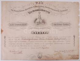 1838 A nagyszombati templomi ének-egyesület tagsági oklevele Siebenfreud kertész részére. Körbevágva, egy szakadással. /  1838 Diploma of the Tyrnau church-musik association. Cut around. 50x40 cm