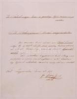 1858 gróf Szapáry Gyula későbbi miniszterelnök által aláírt levél a Szolnok megyei lovas és gazdasági egylet nevében, a Törökszentmiklósi Gazdasági Kiállításon adományozott kertészeti elismerésről. Kartonra kasírozva.