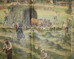 Cca 1900 A falusi élet. Német nyelvű iskolai szemléltető nagyméretű vászonkép, színes litográfia, 11...