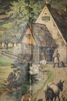 Cca 1900 A falusi élet. Német nyelvű iskolai szemléltető nagyméretű vászonkép, színes litográfia, 11...