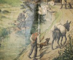 Cca 1900 A falusi élet. Német nyelvű iskolai szemléltető nagyméretű vászonkép, színes litográfia, 11...