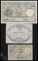 Vegyes tétel: Montenegró 1914. 1P + Szerbia 1917. 5D + Jugoszlávia 1935. 500D T:III,IV Mixed item: Montenegro 1914. 1 Perper + Serbia 1917. 5 Dinars + Yugoslavia 1935. 500 Dinara C:F,G
