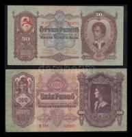 1930. 100P + 1932. 50P + 1936. 10P + 1941. 20P mindegyik vörös "Sarló-kalapács 1944 NOV 16." hamis felülbélyegzéssel T:III
