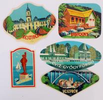 Cca 1950, 5 db bőröndcímke,Hévíz, Veszprém, Keszthely, Balatonfüred, Keszthely, Badacsony