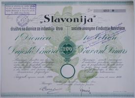 Jugoszlávia / Zágráb 1929. "Slavonija Erdészeti RT." részvénye 200D-ról mindegyik szelvénnyel Yugoslavia / Zagreb 1929. "Slavonija Forest Industry" share about 200 Dinara with all coupons