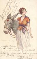 Lady with a donkey, artist signed