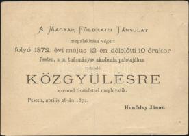 1872 Előrenyomott meghívó levelezőlap a Földrajzi Társulat alakuló közgyűlésére Márki Sándor történetíró, egyetemi tanár részére. Hajtott. / 1872 Invitation PS card for the forming assembly of the Geographic Association