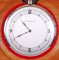 cca 1930 Juvenia zsebóra különleges, vékony szerkezettel, jelzett fa tokban. Jól jár /  Extra thin Swiss pocket watch with a wooden case, works well