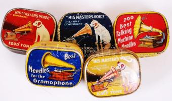 5 doboz, különböző színű és fajtájú gramofontű: His Master's Voice, Best /  5 boxes of His Master's Voice and Best gramophone needles of various types and colores