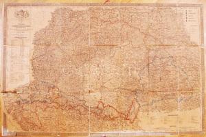 1863 Skrzeszewski Ádolf: A Magyar Szent Korona országai: Magyarország, Erdély, Horvát-, Tótország és a katonai végvidék Uj térképe Részben a szomszéd országokkal. Buda, 1863. Nagel Bernát. Nyomtatta Obenheimer Vincze Bécsben. Vászonra vont, hajtogatott, alap- és határszínezett, litografált lap. Ritka katonai térkép. Tintafoltokkal. Tok nélkül / 1863 Military map of Kingdom Hungary and the neighbouring countries. Litho on canvas. With some ink spots. Without case. 95x64 cm