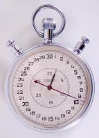 Slava rattrapante stopperóra eredeti, sötétkék hátlappal, jó állapotban, kiválóan működik /  Slava rattrapante chronograph stopwatch in good condition with original blue case, works well