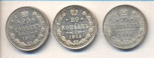 Oroszország 1914. 20k Ag + 1915. 20k Ag + 1916. 20k Ag T:1-
Russia 1914. 20 Kopeks Ag + 1915. 20 kop...