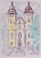 Farkasházy jelzéssel: Templom. Vegyes technika, papír, 30×21 cm