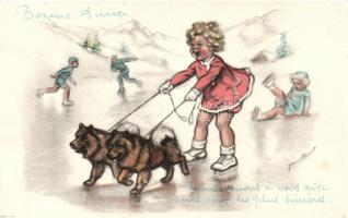 New Year, ice skater girl with dogs, artist signed (EK)