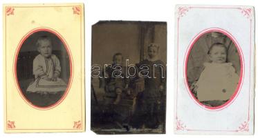 cca 1880 3 db ferrotípia papírkeretben: gyermekek. /  3 Ferrotypia depicting children 6x10 cm