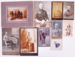 cca 1880-1920 Katonák: 10 db keményhátú fotó klf műtermekből, köztük Divald is. Egyik katona Kabdebó (Gyula?)  / vintage photos