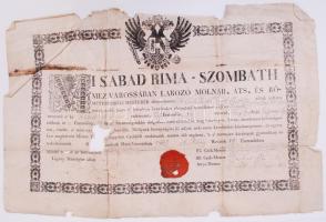 1830 Rimaszombat Molnár, ács  és kőművescéh mesterlevél viaszpecséttel. Sérült / Rimaska Sobota guild document 43x30 cm