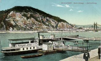 Budapest XI. Gellérthegy, Lánchíd gőzös, rajta Hunyadi János keserűvíz reklámja