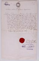 1853 Monori plébánia házassági bizonyítvány a plébánia viaszpecsétjével és 15kr szignettával