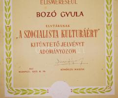 Bozó Gyula grafikusművész A Szocialista kultúráért jelvény adományozó oklevél Darvas József népművel...