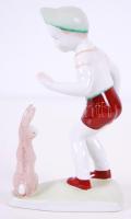 Aquincumi kisfiú és nyuszi, kézzel festett, jelzett, hibátlan, m:14 cm, h:9 cm