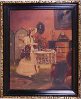 Jelzés nélkül: Készülődés. Olaj, vászon, szép régi keretben 60×48 cm