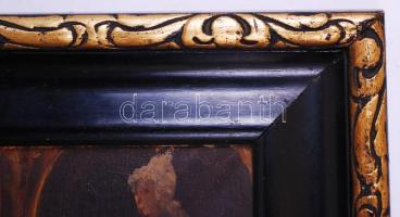 Jelzés nélkül: Készülődés. Olaj, vászon, szép régi keretben 60×48 cm