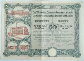 1927. "Első Budapesti Gőzmalmi Részvény-Társaság" részvénye 50P-ről szelvényekkel szárazpecséttel, magyar/német nyelven