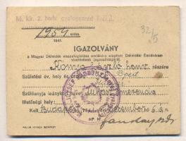 1941. Igazolvány a Magyar Délvidék visszafoglalása emlékére alapított Délvidéki Emlékérem viselésének jogosultságáról