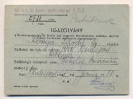 1941. Igazolvány a Keletmagyarország és Erdély egy részének felszabadulása emlékére alapított Erdélyi Emlékérem viselésének jogosultságáról