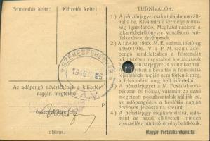 1946. 10.000.000AP nem kamatozó Pénztárjegy "Másra Át Nem Ruházható" és "M.Kir.Postat...