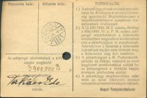 1946. 1.000.000AP nem kamatozó Pénztárjegy "Másra Át Nem Ruházható" és "M.Kir.Postata...