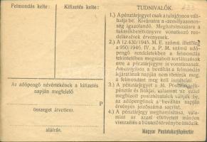 1946. 100.000AP nem kamatozó Pénztárjegy "Másra Át Nem Ruházható" és "M.Kir.Postataka...