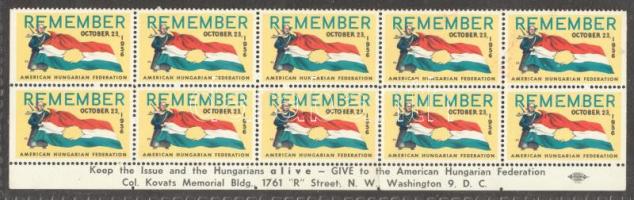 Az Amerikai Magyarok Szövetségének az 1956-os forradalom emlékére kiadott levélzárók tízes tömbben /  1956 revolution memorial poster stamps issued by the Society of the Hungarians in America