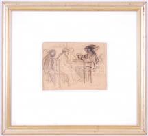 Vaszary János (1867-1939): Asztaltársaság. Ceruza, papír, jelzett (13×18 cm), üvegezett keretben 39×36 cm