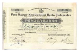 192.. A Pesti Magyar Kereskedelmi Bank pénztárjegye 1000P-ről kitöltetlen dátummal! T:II