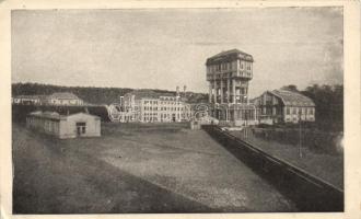 Pécs Szent István aknatorony, a hátoldalon az Első Duna-Gőzhajózási Társaság kőszénbányáinak árusító hivatalának reklámja (pinhole)